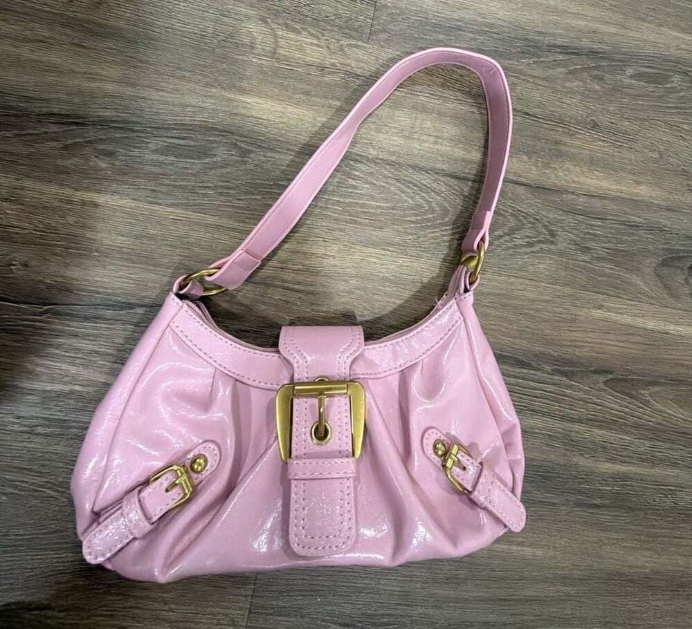 Y2K Style Pink Patent Faux Leather Buckle Detail Shoulder Hobo Bag